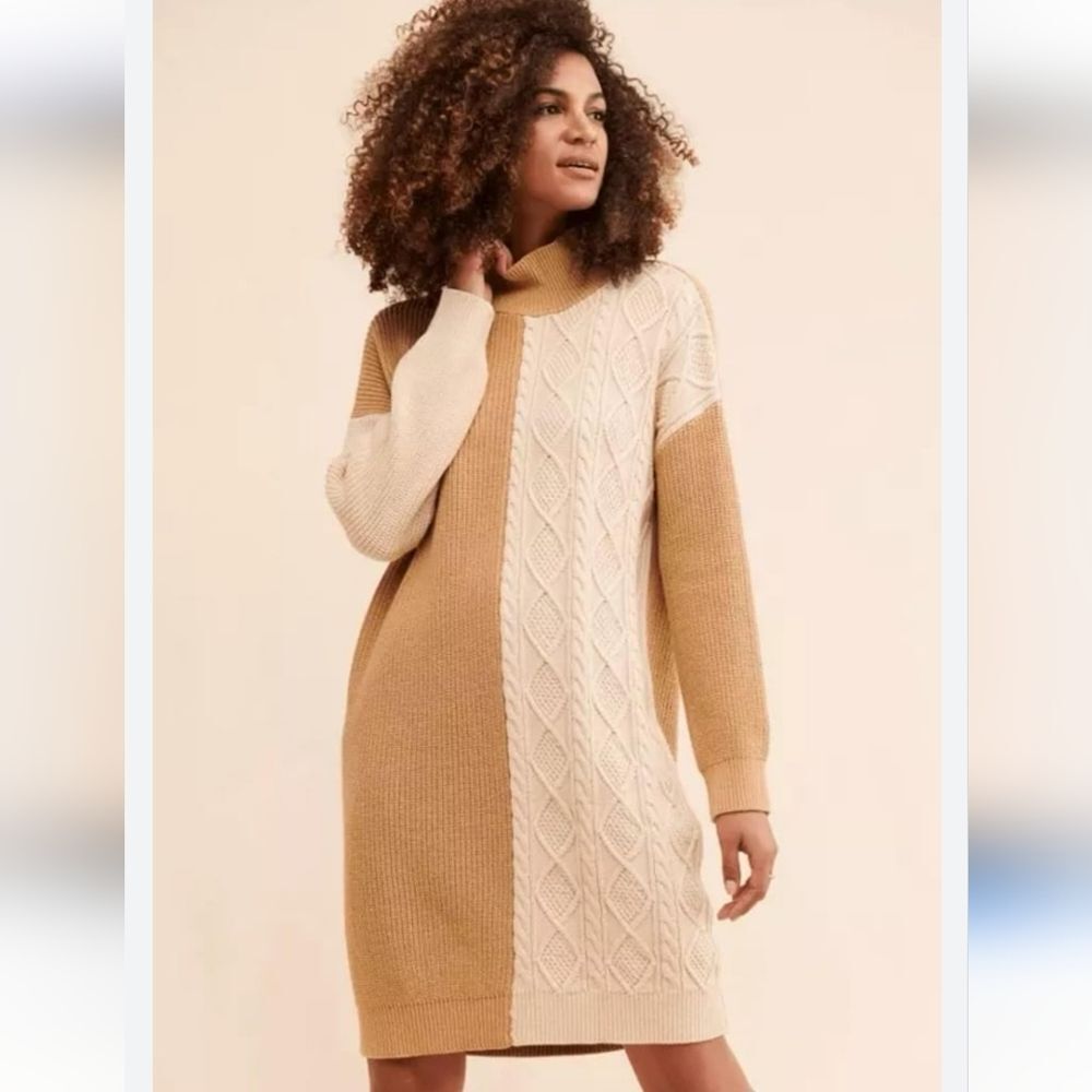 Callahan Colorblock Sweater Dress Knitwear Tan Cable Knit Medium